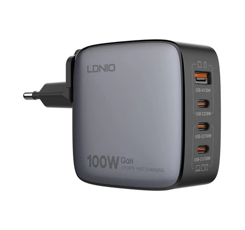 LDNIO Q408 100W USB-A + 3x USB-C mains charger (black)