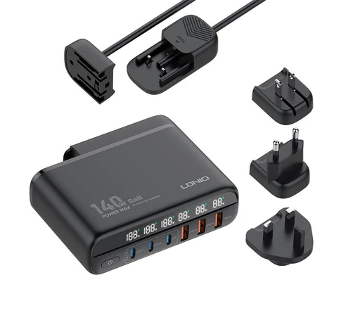 Power charger with display 140W LDNIO A6140C 3x USB-A + 3x USB-C, US/UK/EU (black)