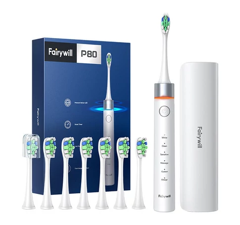 FairyWill FW-P80 sonic toothbrush with tip set and case (White)