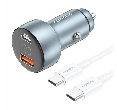 Foneng C18 1xUSB-A, 1xUSB-C 2.4A 48W car charger (grey) + USB-C to USB-C cable