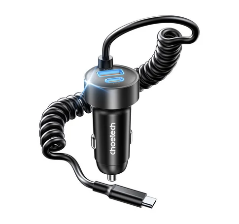 Choetech TC0030 65W 1C1A autós töltő rugós kábellel, 1.2m