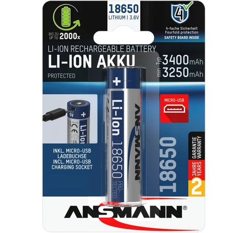 ANSMANN 18650 Li-ion 3400mAh védett akkumulátor USB töltéssel