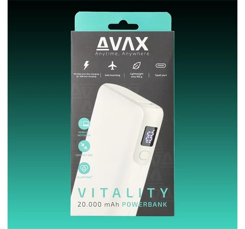AVAX Powerbank USB-C 65W+QC 18W 20000mAh, fehér