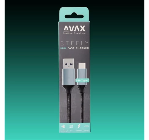 AVAX Töltőkábel, USB-A - USB-C, 3A, 1,5 méter, acélszürke