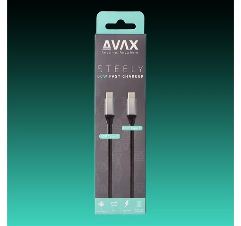 AVAX Töltőkábel, USB-C - USB-C, 60W, 3A, 1,5 méter, acélszürke