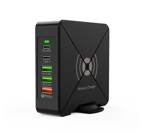 BLACKBIRD Hálózati töltő X8-W PD75W 3xUSB + 2xUSB-C + Vezeték Nélküli töltés
