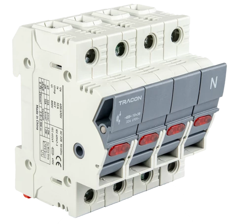 Szakaszolókapcsoló-biztosító hengeres bizt.hoz, maszkolható  32A, 10x38mm, Un=400V/690V, AC22B, 3P+N right, LED