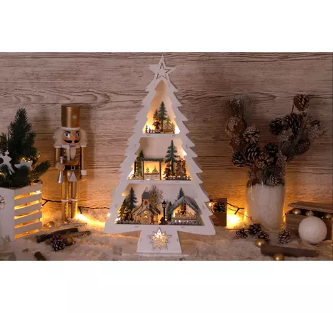 LED karácsonyi fenyő tájképpel, fehér, fa, elemes (X22091)  Timer 6+18h,13LED, 3000K, 2xAA