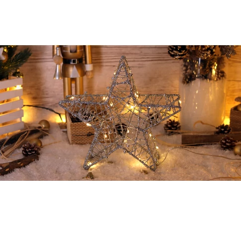 LED karácsonyi csillag, ezüst,fém, elemes (X22035)  Timer 6+18h, 20LED, 3000K, 2xAA