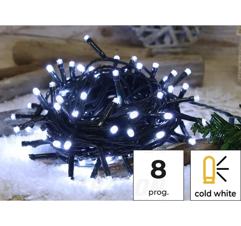 Karácsonyi programozható fényfüzér, kültéri/beltéri (X22018)  230VAC, 2+10M, 100LED, 3,6W, 12000-13000K, IP44