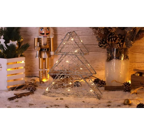 LED karácsonyi fenyő, ezüst, fém, elemes (X22037)  Timer 6+18h,15LED, 3000K, 2xAA