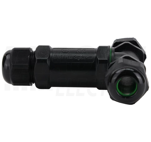 Tömítőszelencés kábeltoldó, T-elágazó  0.5-4 mm2, IP68, PC+PA6.6, 3P, 450VAC, 24A