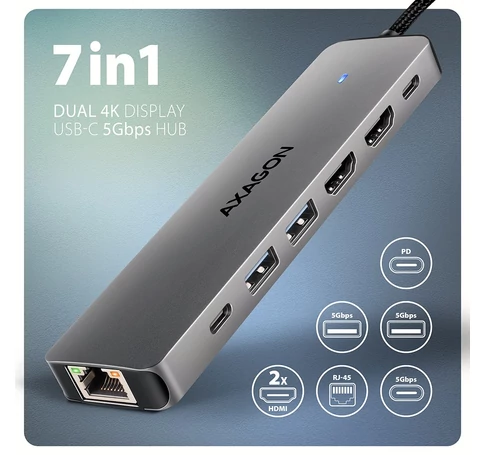 Axagon HMC-7HX2 USB-C 5Gbps DUAL 4K DISPLAY 7in1 hub