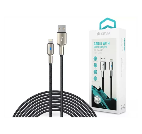 DEVIA USB - LIGHTNING ADAT- ÉS TÖLTŐKÁBEL 1,5 M-ES VEZETÉKKEL, 5V/2,1A, EZÜST/FEKETE