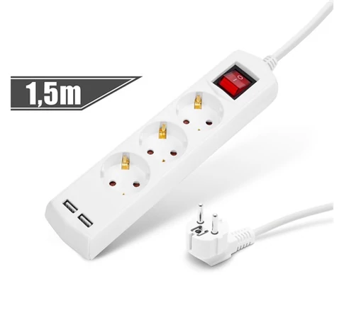 Delight 20221U ELOSZTÓ 3-AS, 1,5 M,  2 X USB-VEL, KAPCSOLÓS