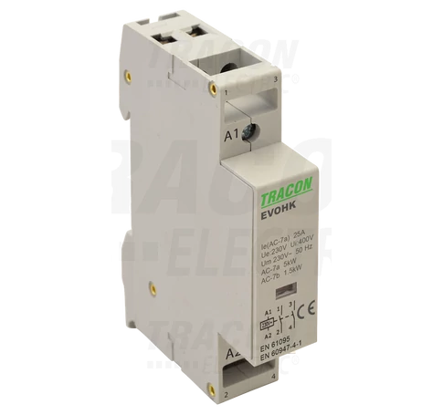 Installációs kontaktor  230V, 50Hz, 1 Mod, 1×NO+1×NC, AC1/AC7a, 25A,