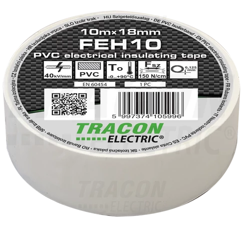 Szigetelőszalag, fehér  10m×18mm, PVC, 0-90°C, 40kV/mm