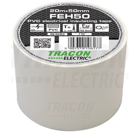 Szigetelőszalag, fehér  20m×50mm, PVC, 0-90°C, 40kV/mm