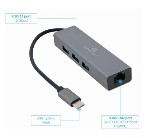 GEMBIRD Adapter, USB-C - RJ45, 3x USB, Gigabit ethernet, 0,17m