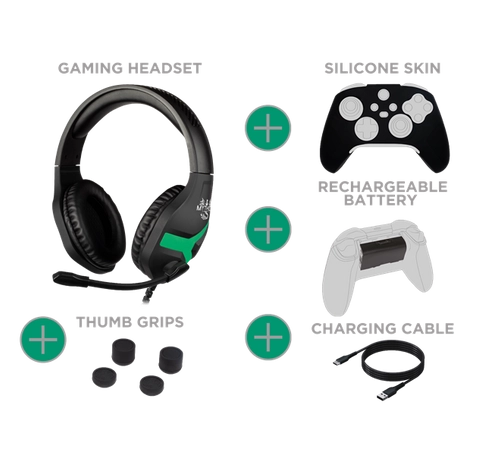 KONIX - MYTHICS Xbox Series S/X Gamer csomag (Fejhallgató + Töltő kábel + Szilikon Tok + Thumb Grips + Aksi), Fekete