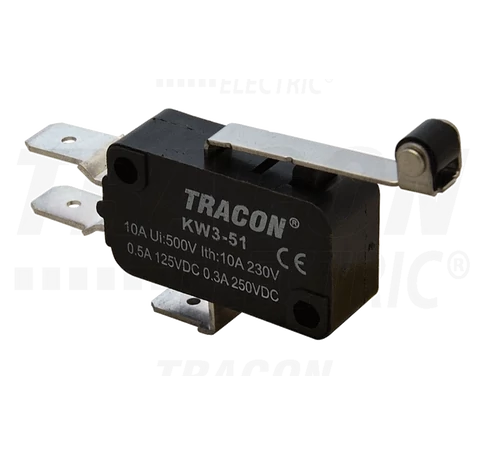 Helyzetkapcsoló, mikro, karos-görgős  1×CO 10A/230VAC, 0,3A/250VDC, 28mm, 6,3x0,8 mm, IP00