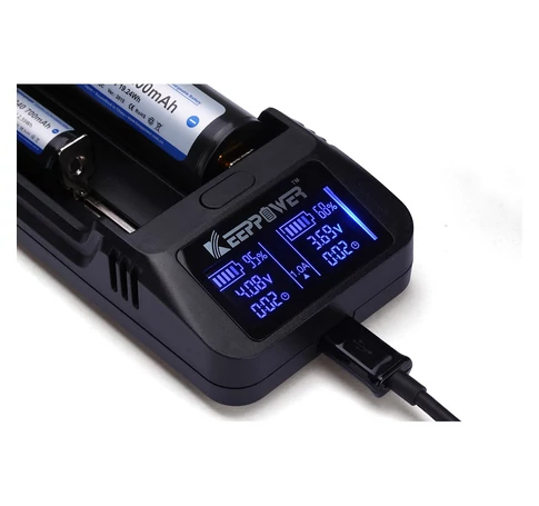 KeepPower LCD akku töltő Li-ion 14500/16340/CR123/18650/26650 cellákhoz Power bank funkcióval
