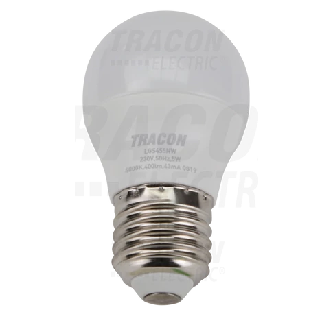 Gömb burájú LED fényforrás SAMSUNG chippel  230V,50Hz,5W,4000K,E27,450lm,180°,G45,SAMSUNG chip, EEI=F