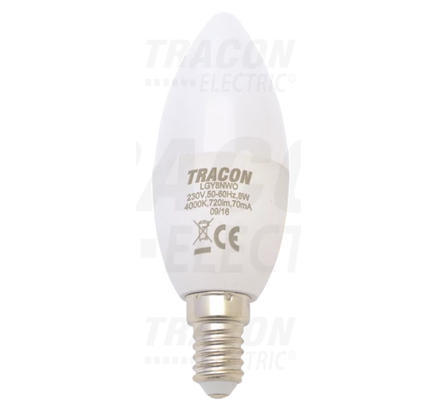 Gyertya burájú LED fényforrás, tejüveg  230 V, 50 Hz, 8 W, 2700 K, E14, 710 lm, 180°, EEI=F