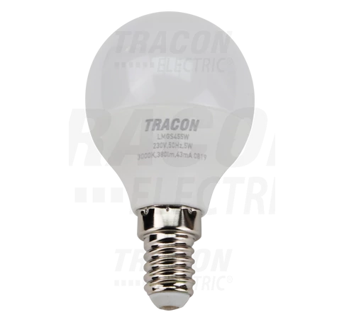 Gömb burájú LED fényforrás SAMSUNG chippel  230V,50Hz,5W,4000K,E14,460 lm,180°,G45,SAMSUNG chip, EEI=F