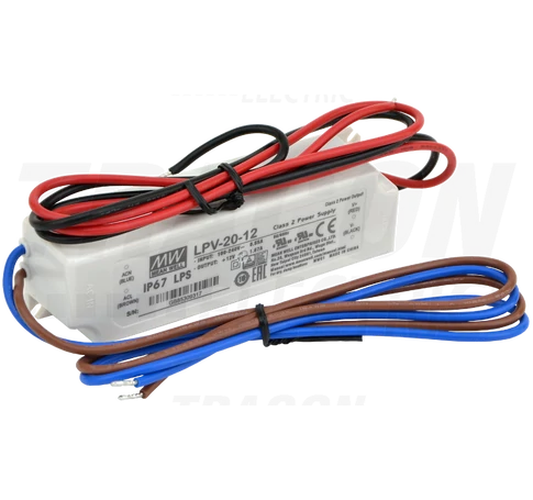 Műanyag házas LED meghajtó  90-264 VAC / 12 VDC, 20 W, 0-1,67 A, IP67