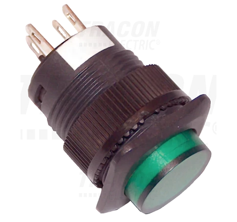 Mini jelzőlámpás nyomógomb, zöld  1×NO, 110V AC/DC