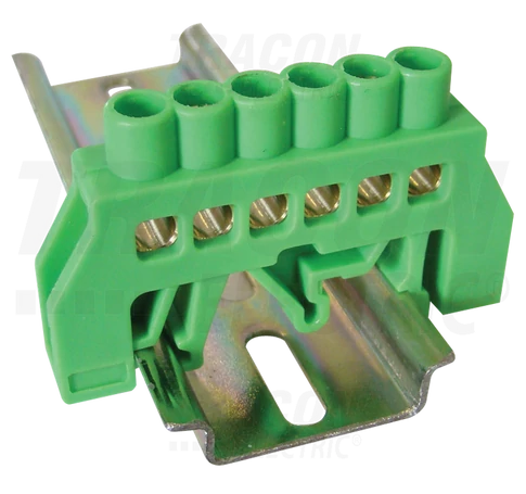 Szigetelt földelősín (N/PE), zöld  230/400VAC, 63A, 6×9mm, 6P, IP20