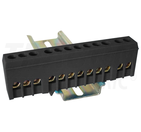Szigetelt földelősín (N/PE), fekete  230/400VAC, 63A, 6×9mm, 12P, IP20