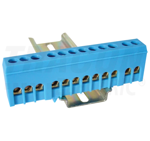 Szigetelt földelősín (N/PE), zárt, kék  230/400VAC, 63A, 6×9mm, 12P, IP20