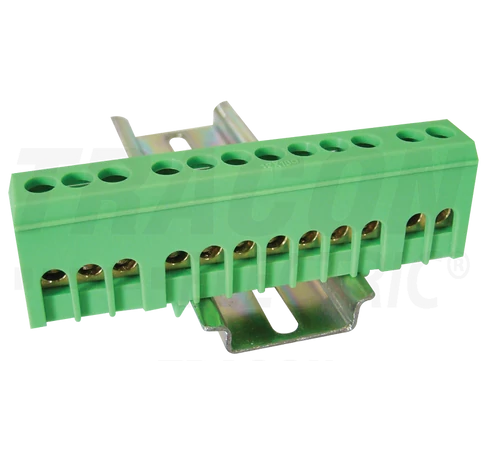 Szigetelt földelősín (N/PE), zárt,zöld  230/400VAC, 63A, 6×9mm, 12P, IP20