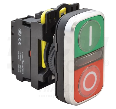 Kettős világító BE-KI nyomógomb, I-O, zöld+piros  1×NO+1×NC, 5A/230V AC-15, IP65, LED 230V AC/DC
