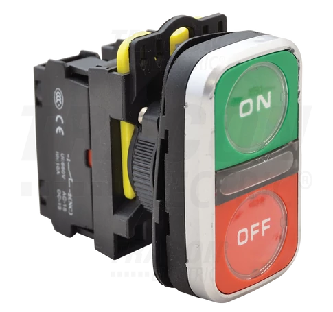 Kettős világító BE-KI nyomógomb, ON-OFF, zöld+piros  1×NO+1×NC, 5A/230V AC-15, IP65, LED 230V AC/DC