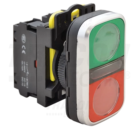 Kettős BE-KI nyomógomb, zöld+piros  1×NO+1×NC, 5A/230V AC-15, IP65