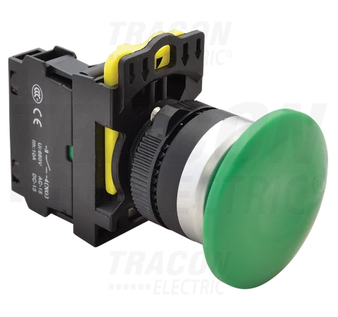 Gombafejű nyomógomb, zöld  1×NO, 5A/230V AC-15, 40mm, IP65