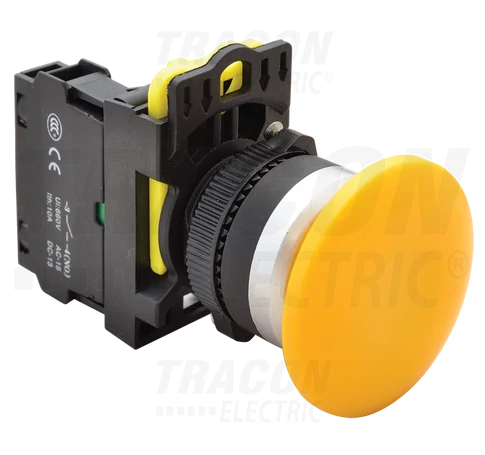 Gombafejű nyomógomb, sárga  1×NO, 5A/230V AC-15, 40mm, IP65