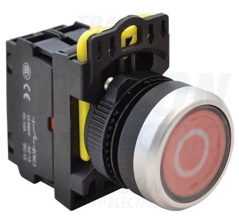 Jelölt, világító nyomógomb, piros, (fehér 0)  1×NC, 5A/230V AC-15, IP65, LED 230V AC/DC