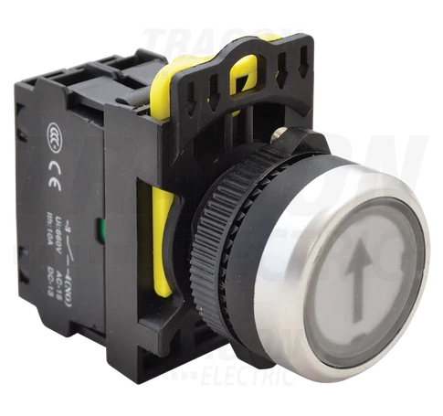 Jelölt, világító nyomógomb, fehér, (fekete nyíl)  1×NO, 5A/230V AC-15, IP65, LED 230V AC/DC