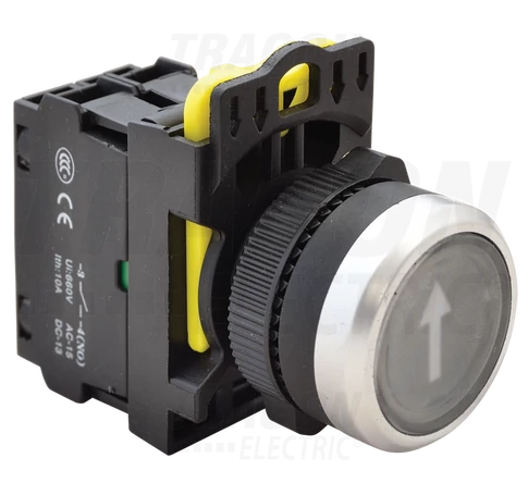 Jelölt, világító nyomógomb, fekete, (fehér nyíl)  1×NO, 5A/230V AC-15, IP65, LED 230V AC/DC