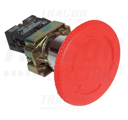 Reteszelt gombafejű vészgomb, fémalap, piros, elfordítással  1×NC+1×NO, 3A/400V AC, IP42, d=40mm