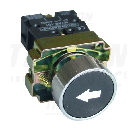 Tokozott jelölt nyomógomb, fémalap, fekete, (fehér nyíl)  1×NO, 3A/240V AC, IP44