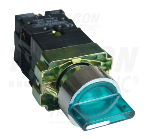 Világítókaros kapcsoló, fémalap, zöld, LED, 3állású, izzó n.  1×NC+1×NO, 3A/400V AC, IP42