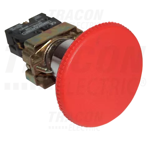 Tokozott gombafejű vészgomb, fémalap, piros sárga fedéllel  1×NC, 3A/400V AC, IP42, d=40mm