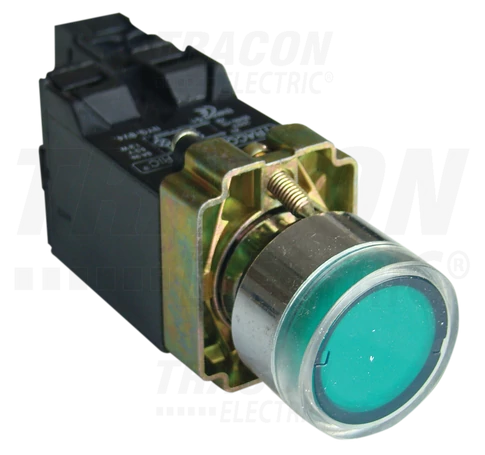 Világító nyomógomb, fémalap, trafóval, zöld, glim, izzó nélk  1×NO, 3A/230V AC, 6V, IP42