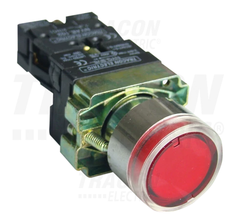 Világító nyomógomb, fémalap, piros, glim, izzó nélkül  1×NC, 3A/400V AC, 230V, IP42