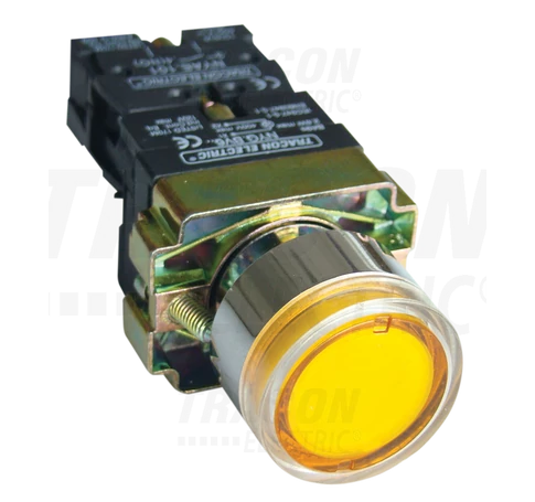 Világító nyomógomb, fémalap, sárga, glim, izzó nélkül  1×NO, 3A/400V AC, 230V, IP42